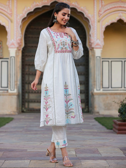 White Cotton Slub Embroidered Kurta & Pants Set