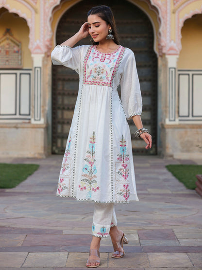 White Cotton Slub Embroidered Kurta & Pants Set