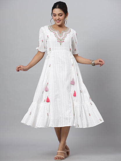 White Cotton Dobby Embroidered Flared Maxi Dress