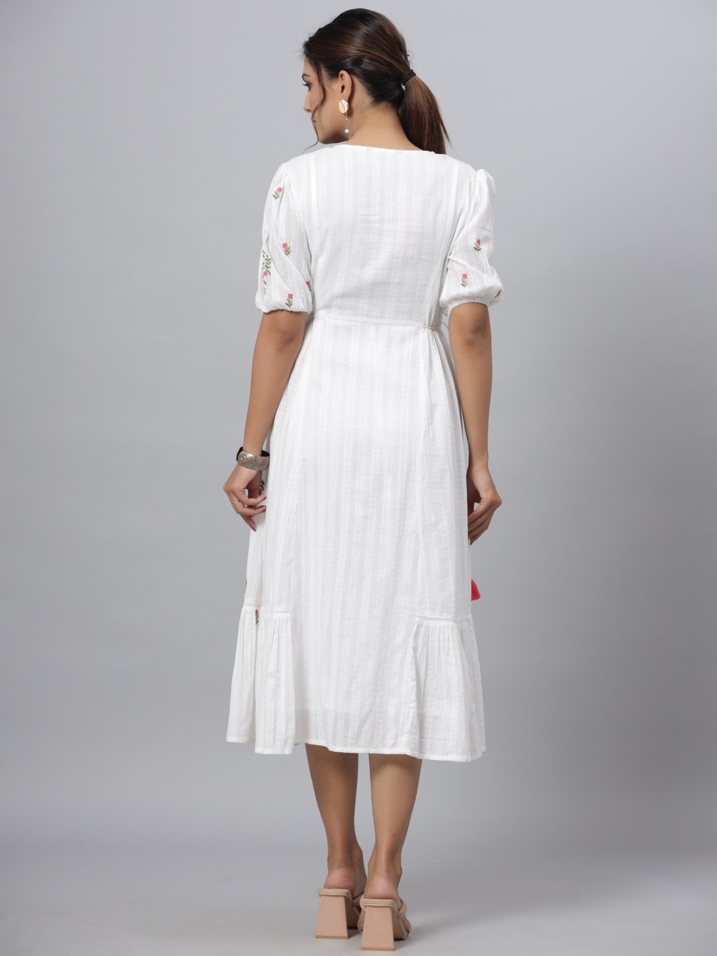 White Cotton Dobby Embroidered Flared Maxi Dress