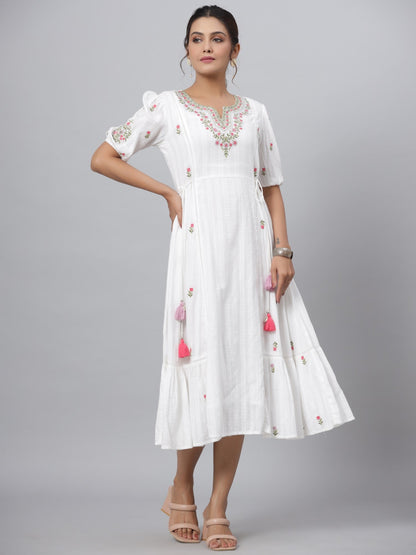 White Cotton Dobby Embroidered Flared Maxi Dress