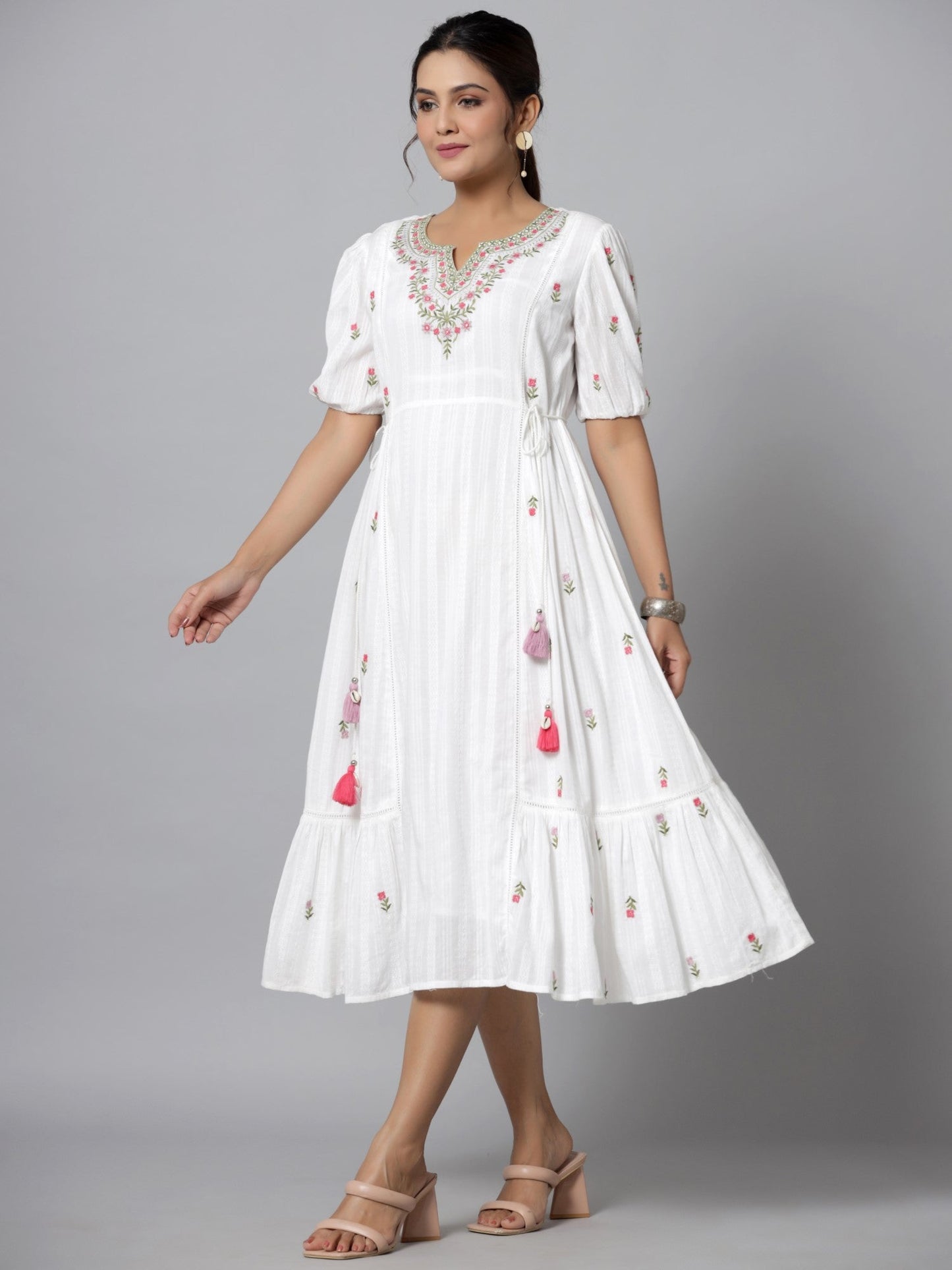 White Cotton Dobby Embroidered Flared Maxi Dress