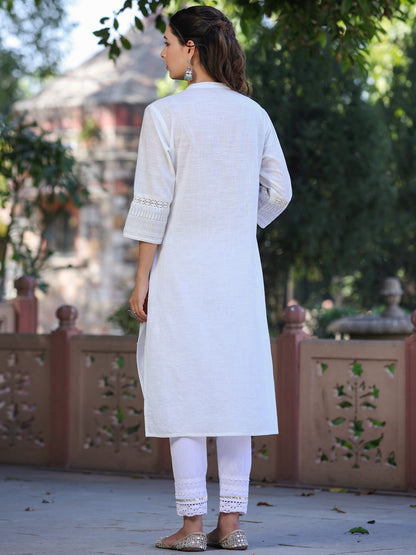 White Cotton Slub  Embroidery Straight Kurta