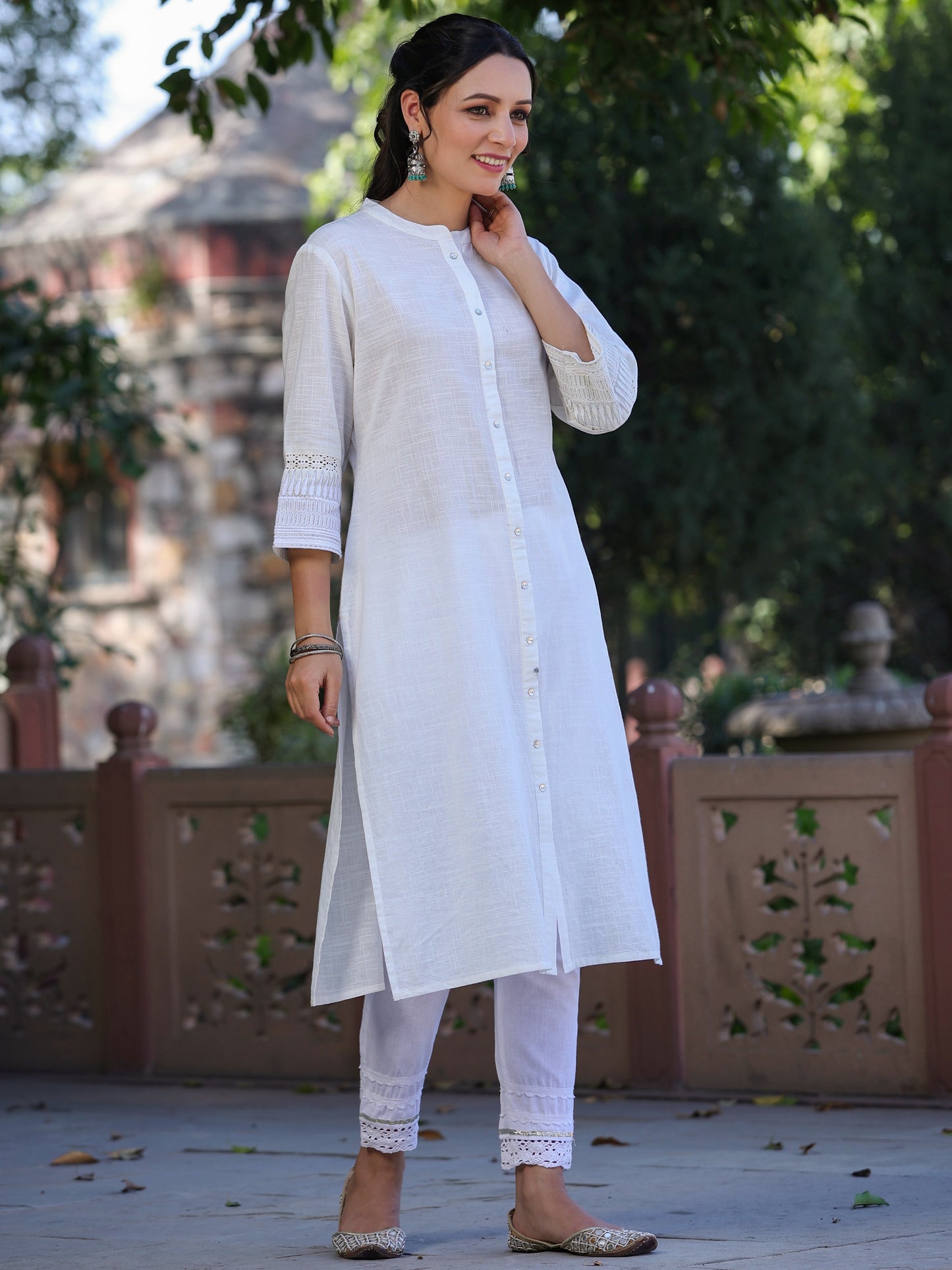 White Cotton Slub  Embroidery Straight Kurta