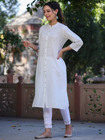 White Cotton Slub  Embroidery Straight Kurta