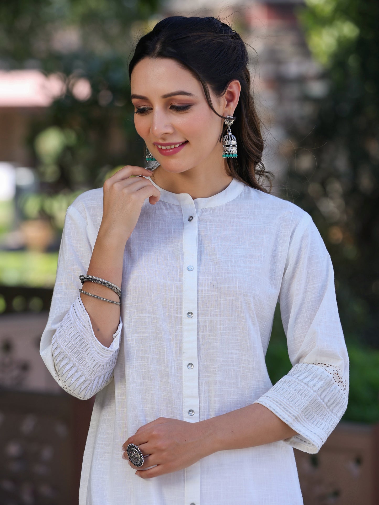 White Cotton Slub  Embroidery Straight Kurta