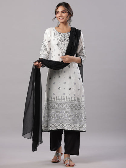 White Rayon Staple Printed Kurta, Pants & Dupatta Set