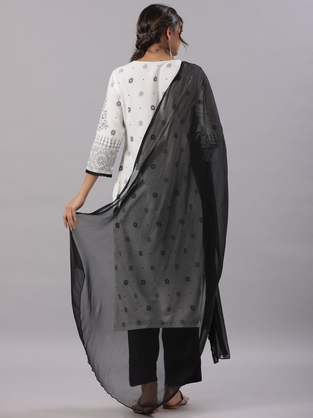 White Rayon Staple Printed Kurta, Pants & Dupatta Set