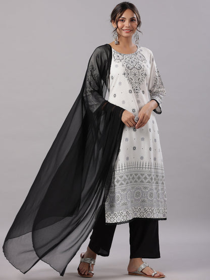 White Rayon Staple Printed Kurta, Pants & Dupatta Set