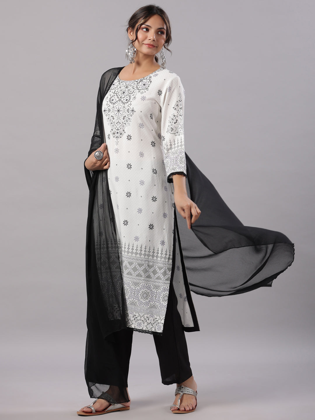 White Rayon Staple Printed Kurta, Pants & Dupatta Set