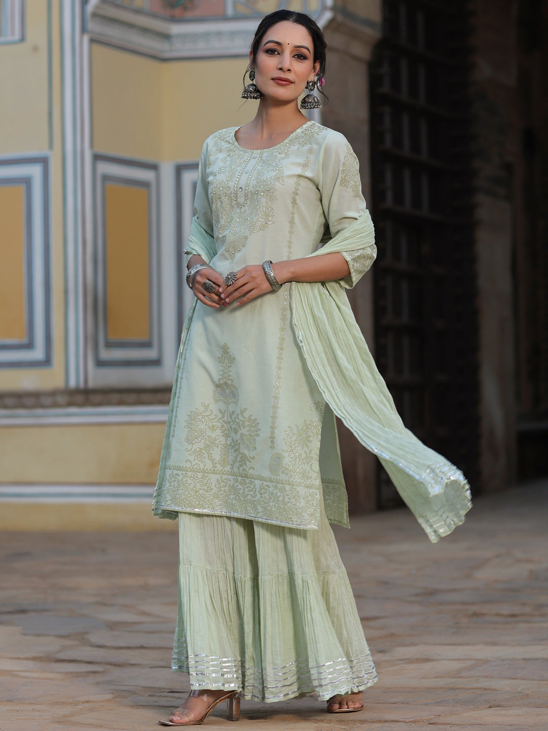 Pista Green Cotton Cambric Aari Printed Kurta, Pants & Dupatta Set