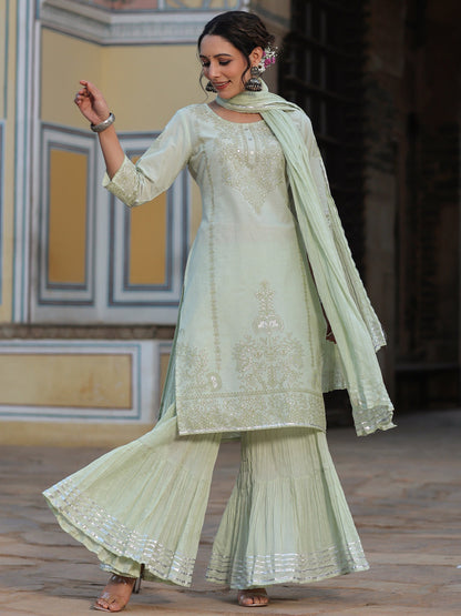 Pista Green Cotton Cambric Aari Printed Kurta, Pants & Dupatta Set