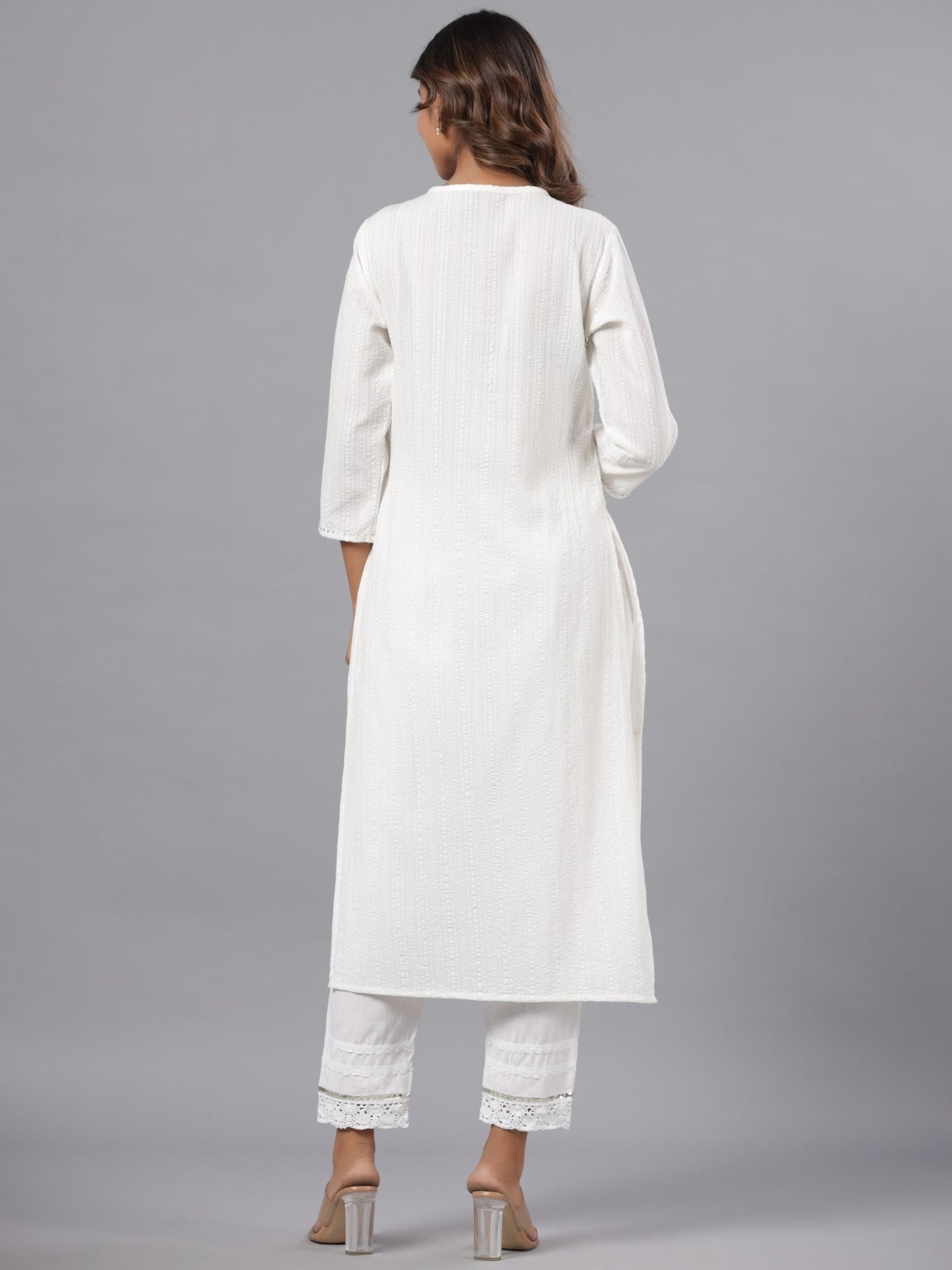 White Seer Sucker Embroidered High Slit Kurta