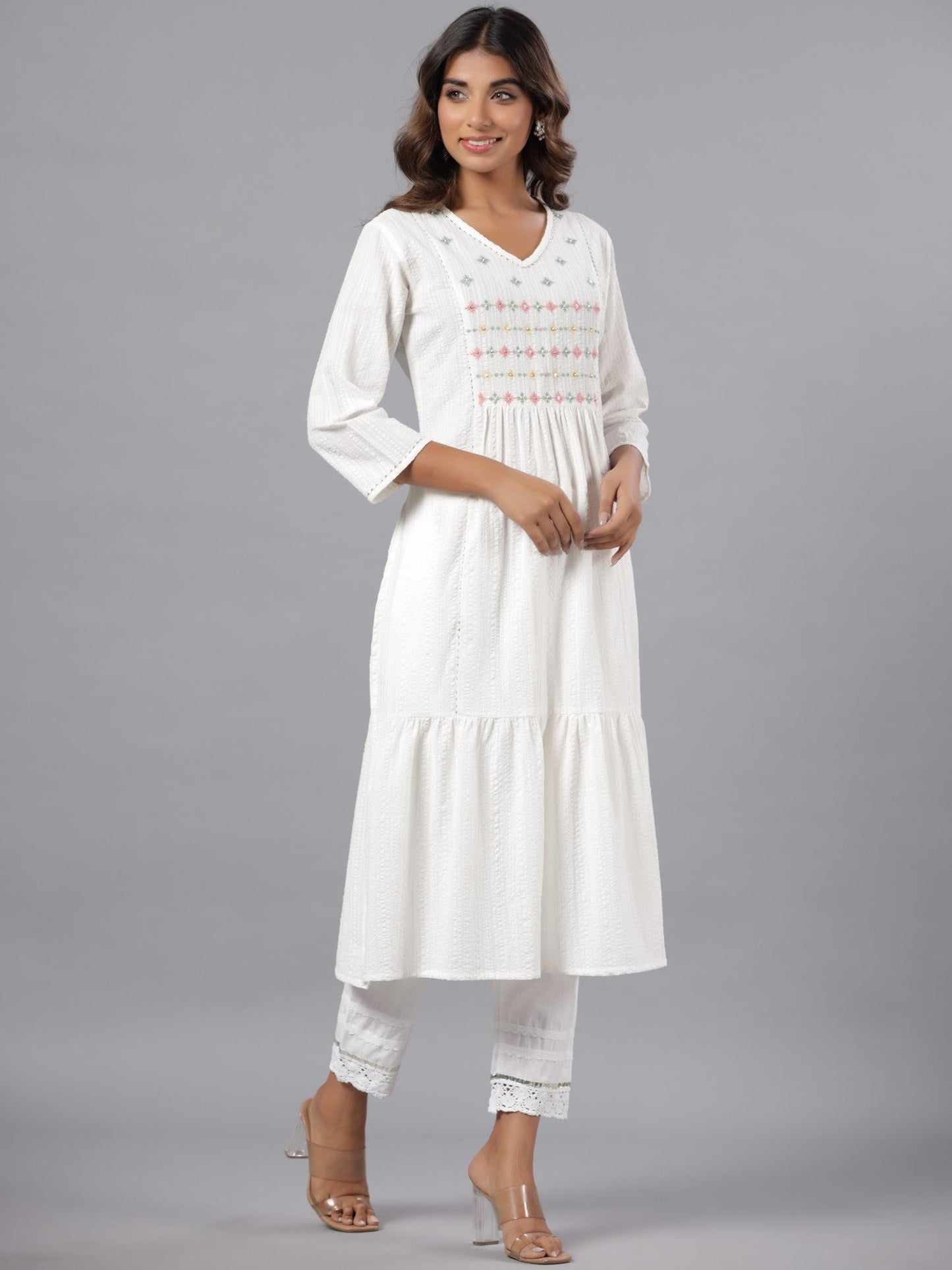 White Seer Sucker Embroidered High Slit Kurta