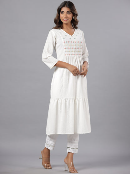 White Seer Sucker Embroidered High Slit Kurta