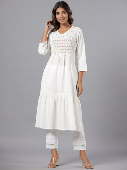 White Seer Sucker Embroidered High Slit Kurta