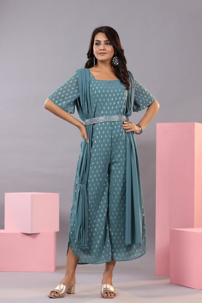 Teal Georgette Foil Printed Draped Jumpsuit