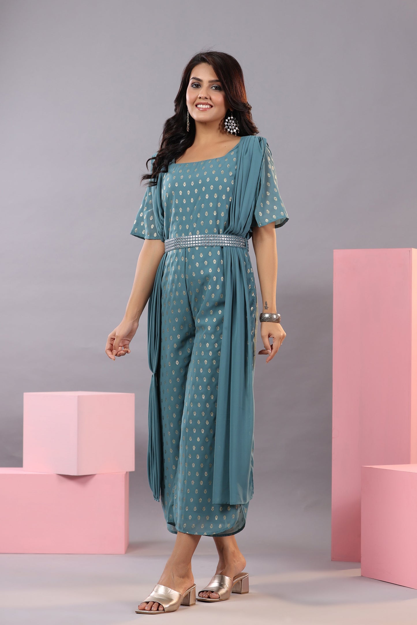 Teal Georgette Foil Printed Draped Jumpsuit