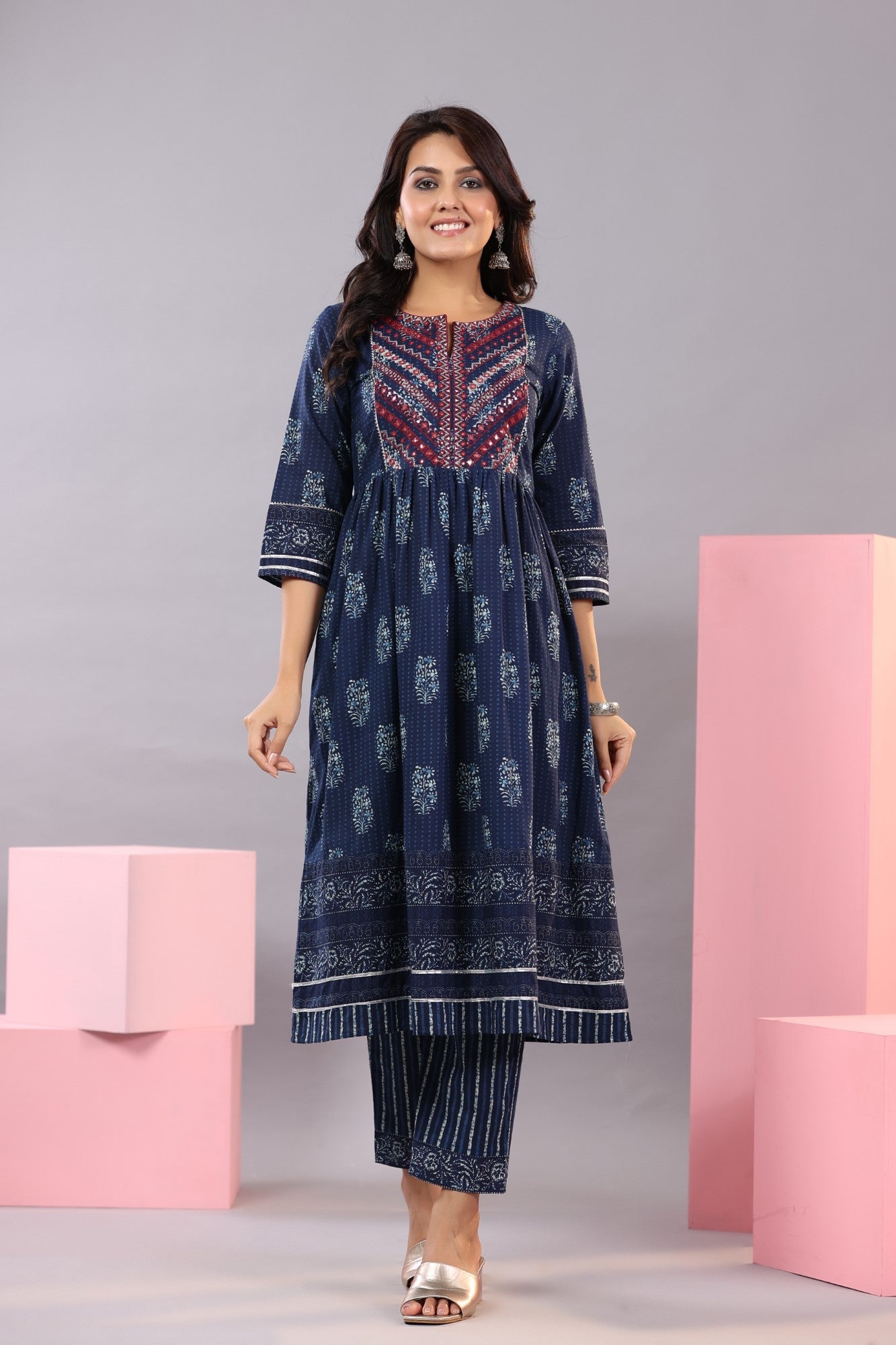 Indigo Cotton Cambric Batik Texture Printed Kurta, Pants And Dupatta Set