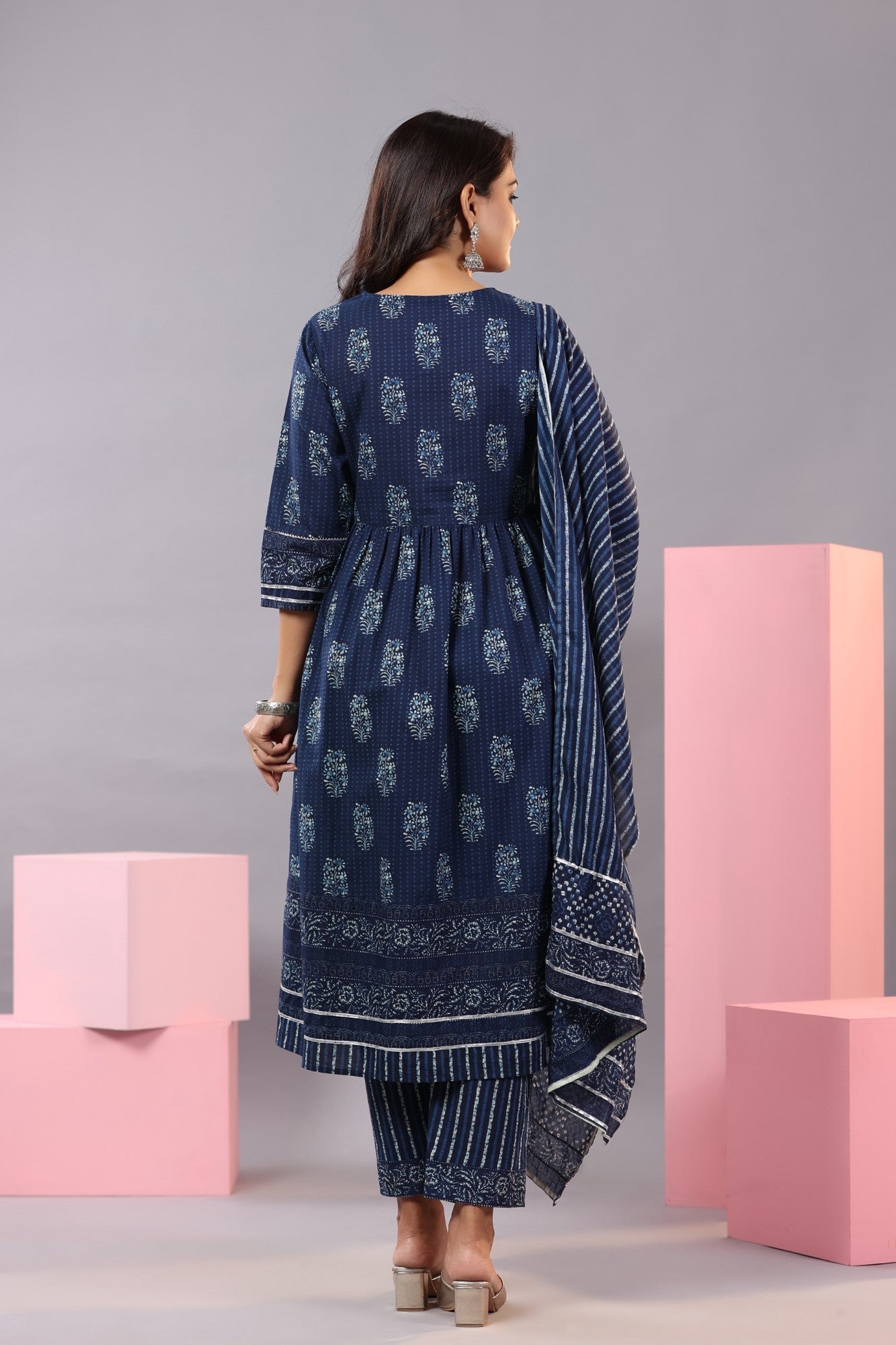 Indigo Cotton Cambric Batik Texture Printed Kurta, Pants And Dupatta Set