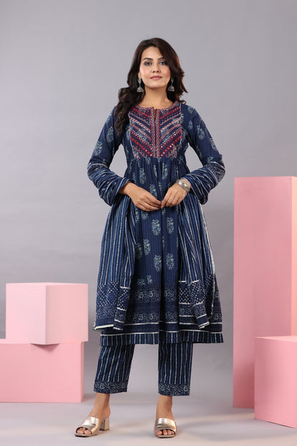 Indigo Cotton Cambric Batik Texture Printed Kurta, Pants And Dupatta Set