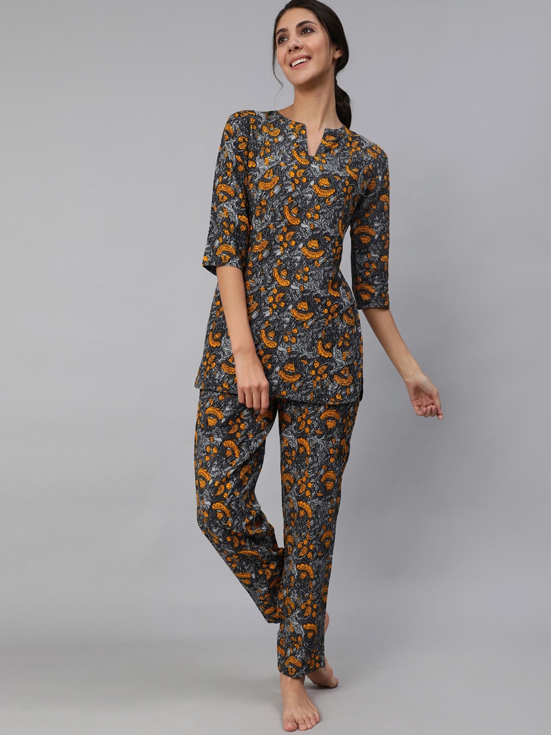 Women Grey Printed Night Suit Set