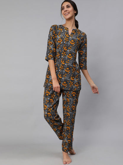 Women Grey Printed Night Suit Set