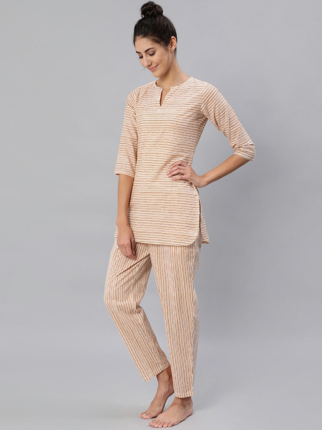 Women Mustard & Off-White Striped Night Suit Set