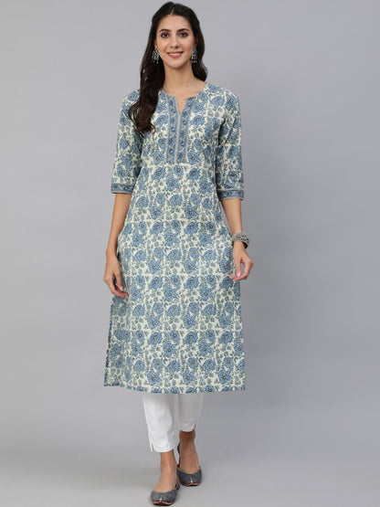 Women Blue & Cream Floral Printed Straight Kurta With Three Quarter Sleeves