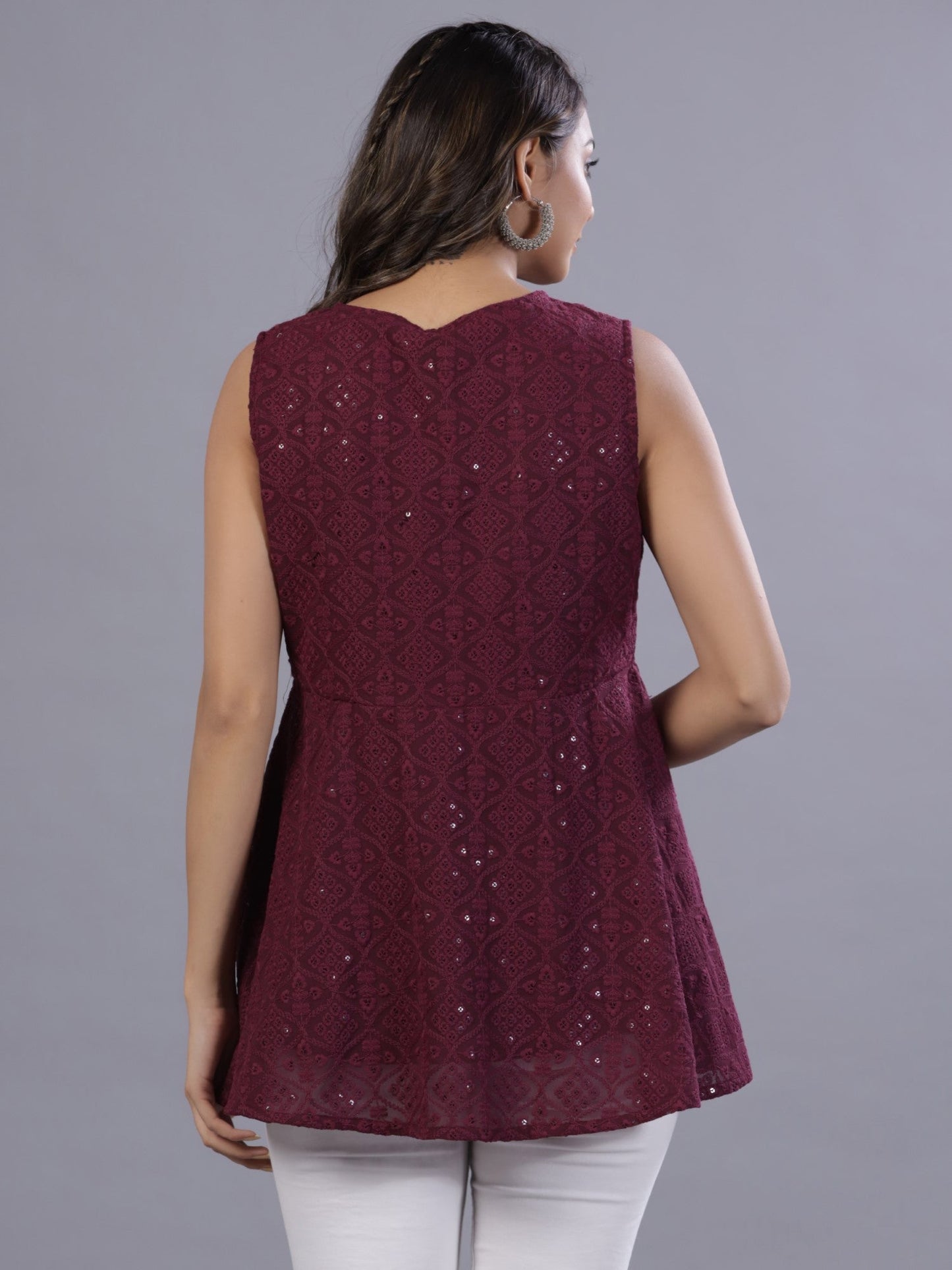 Wine Georgette Embroidered Peplum Tunic