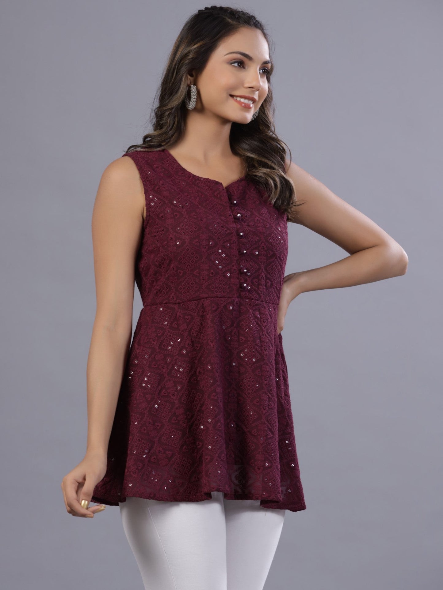 Wine Georgette Embroidered Peplum Tunic