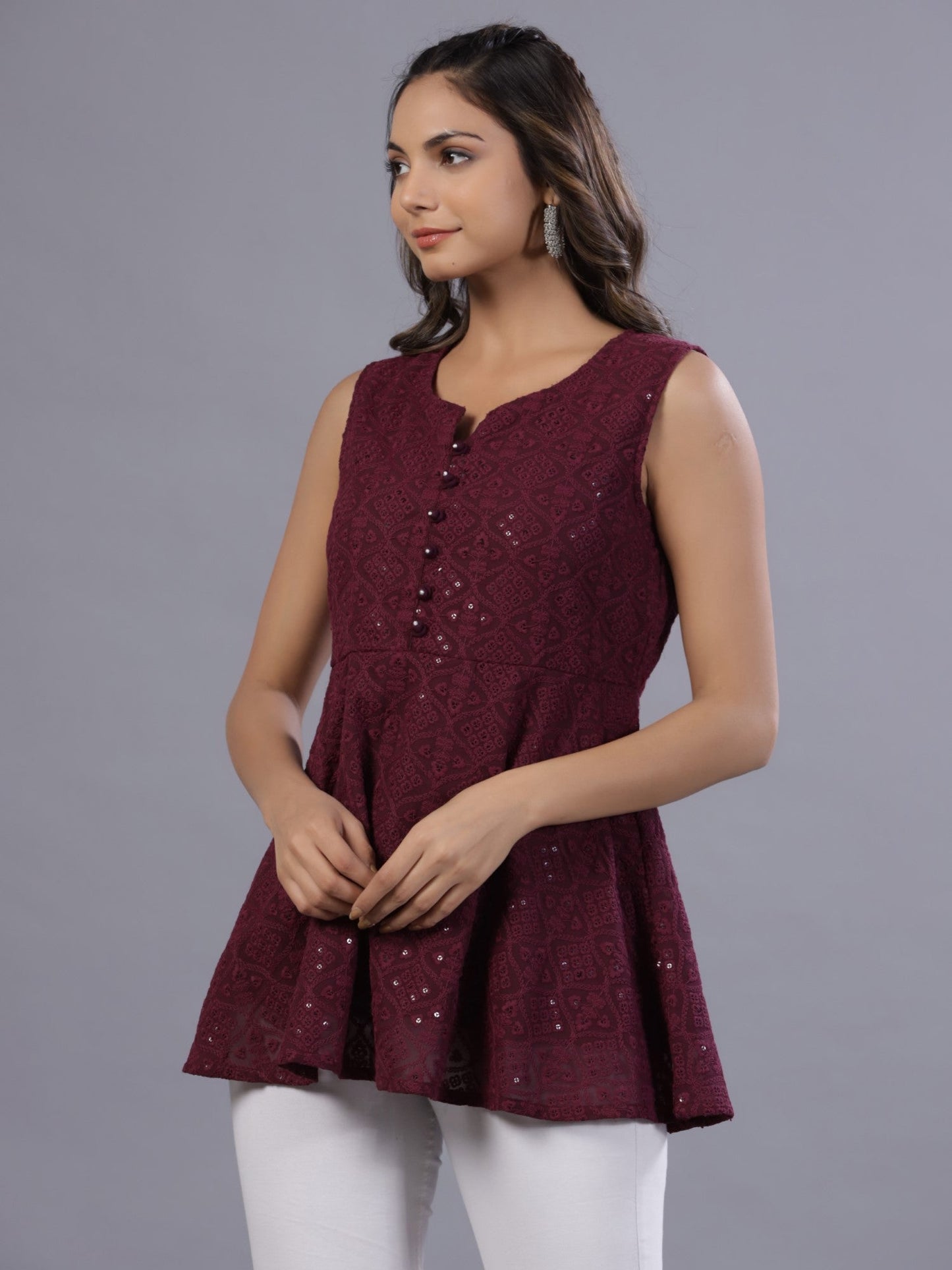 Wine Georgette Embroidered Peplum Tunic