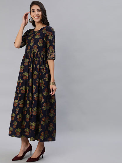 Women Navy Blue Printed Maxi Dress With Three Quarter Sleeves