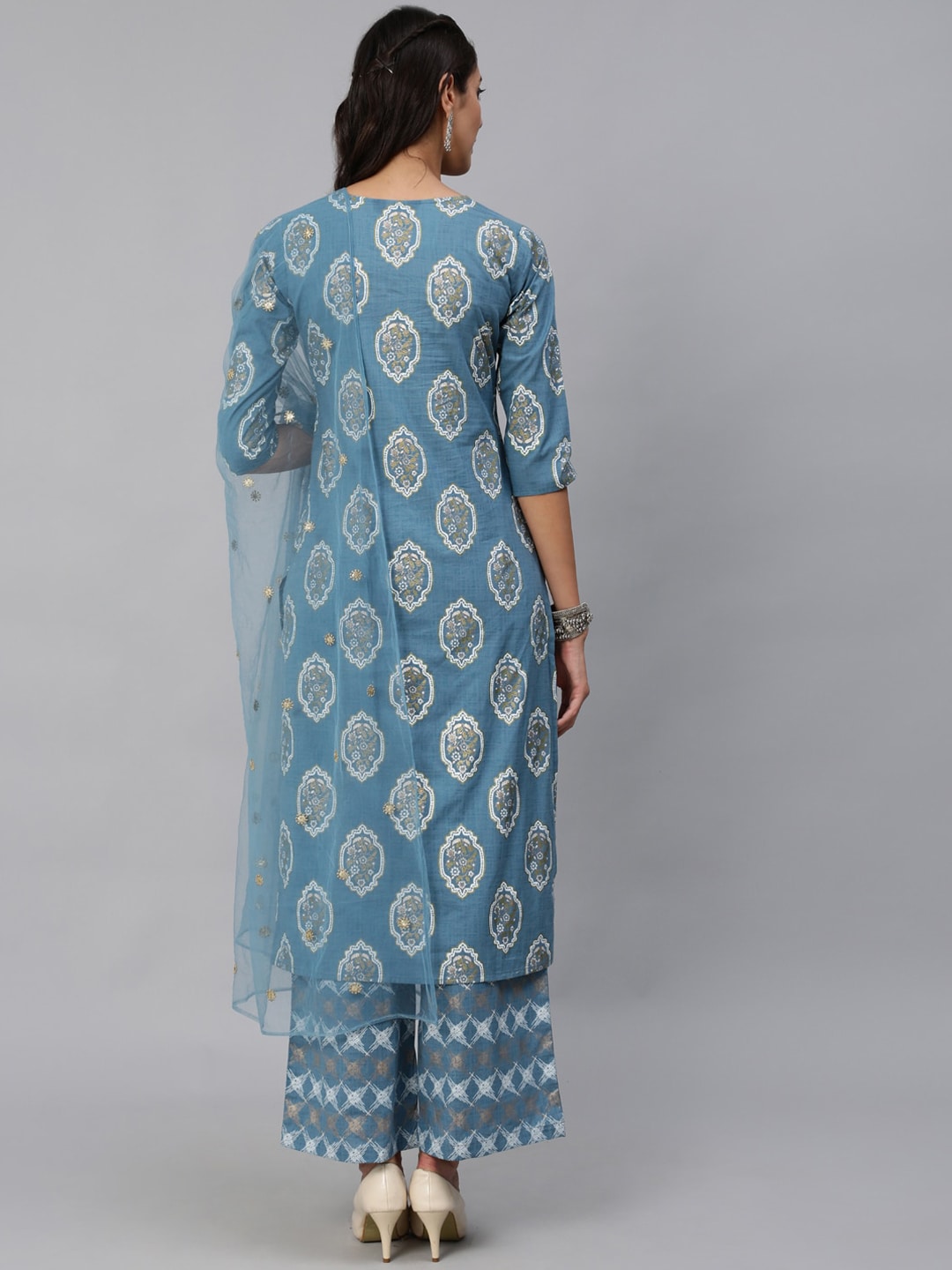 Women Blue & Gold  Printed Kurta Set With Plazo & Dupatta