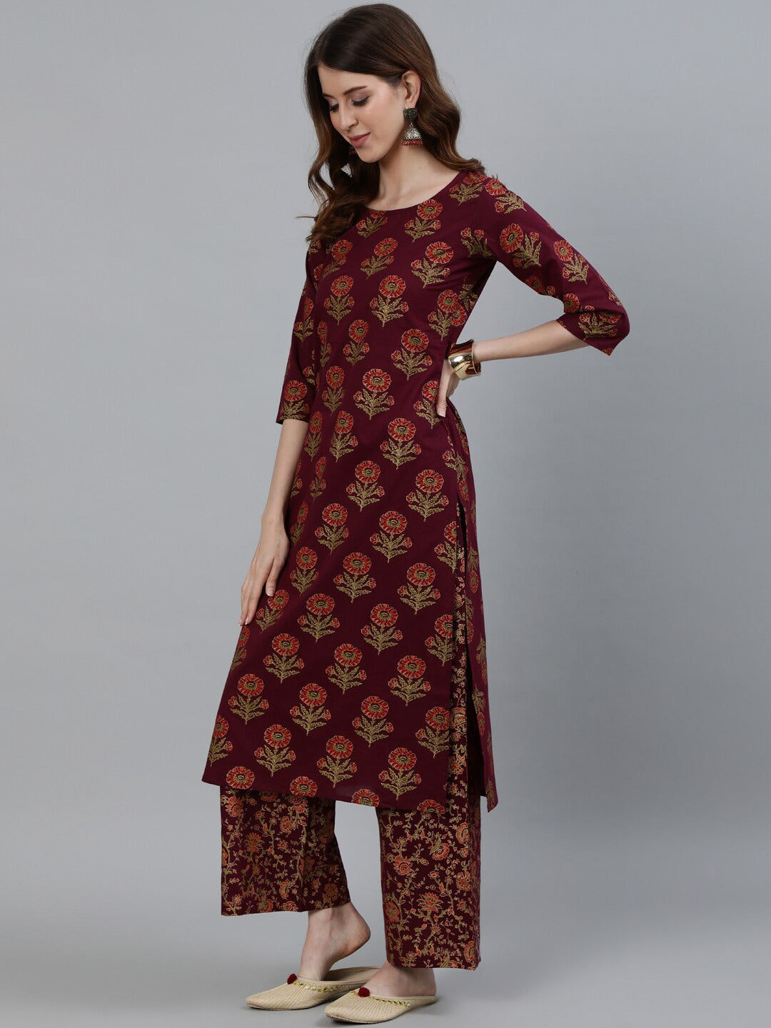 Women Purple & Gold Floral Printed Kurta With Trouser & Dupatta