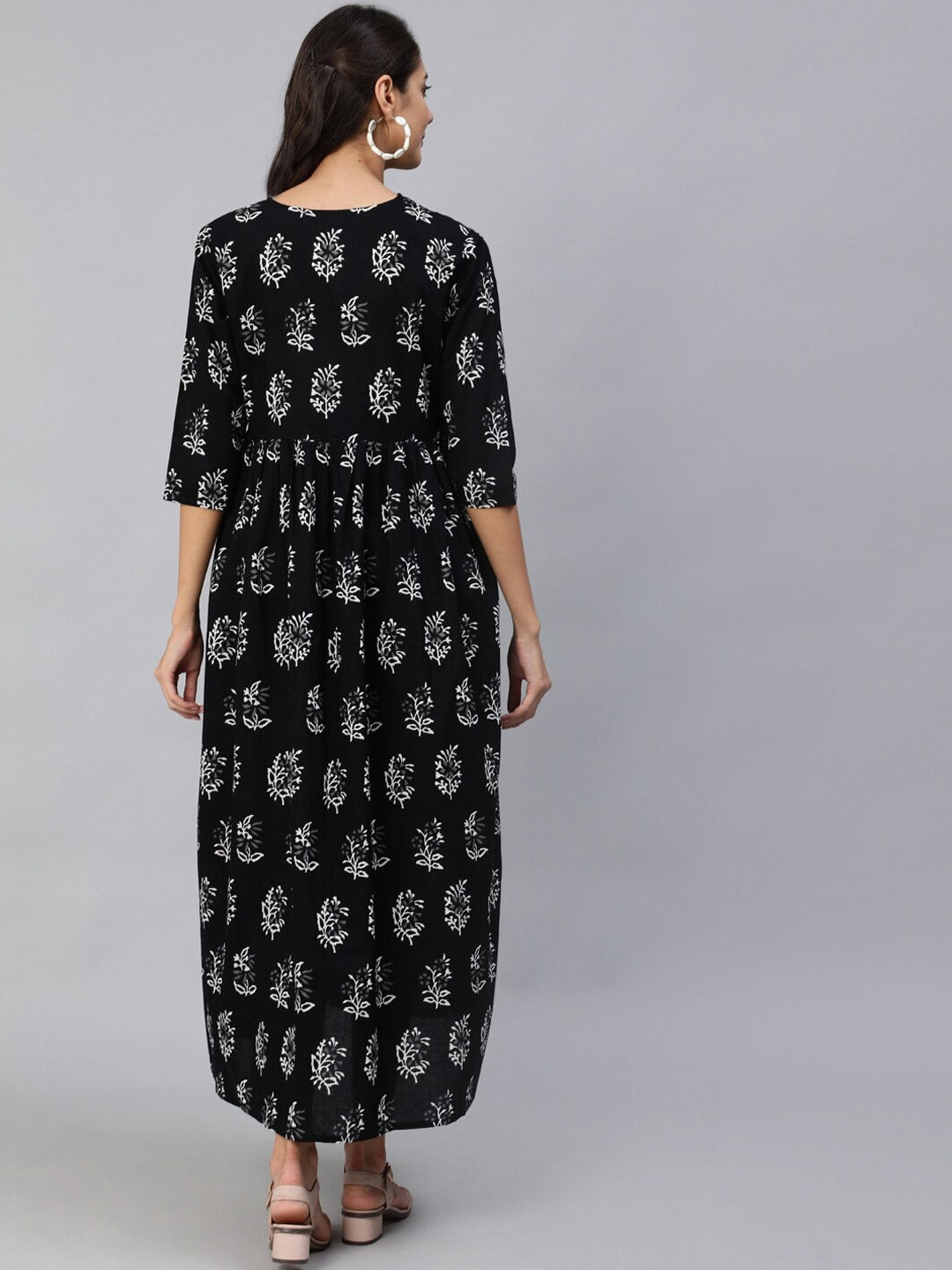 Women Black Printed Maternity Dress With Three Quarter Sleeves