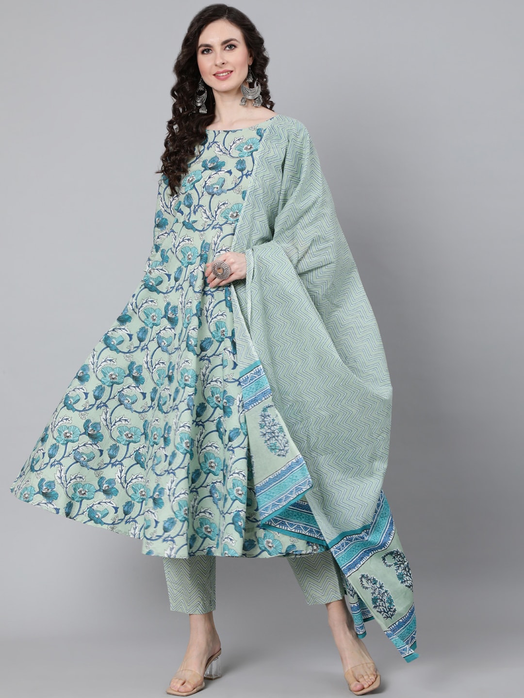 Women Sage Green Floral Printed Kurta With Trouser & Dupatta