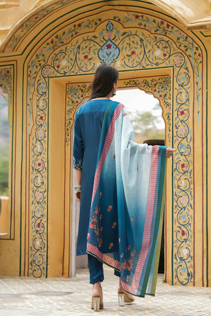 Teal  Satin Slub Straight Embroidered Kurta Sets