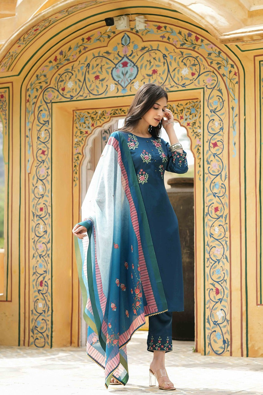 Teal  Satin Slub Straight Embroidered Kurta Sets