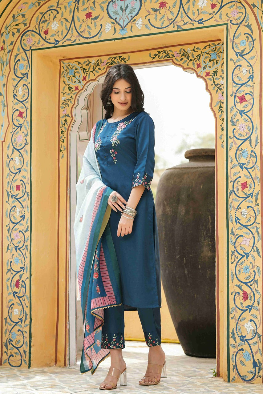 Teal  Satin Slub Straight Embroidered Kurta Sets