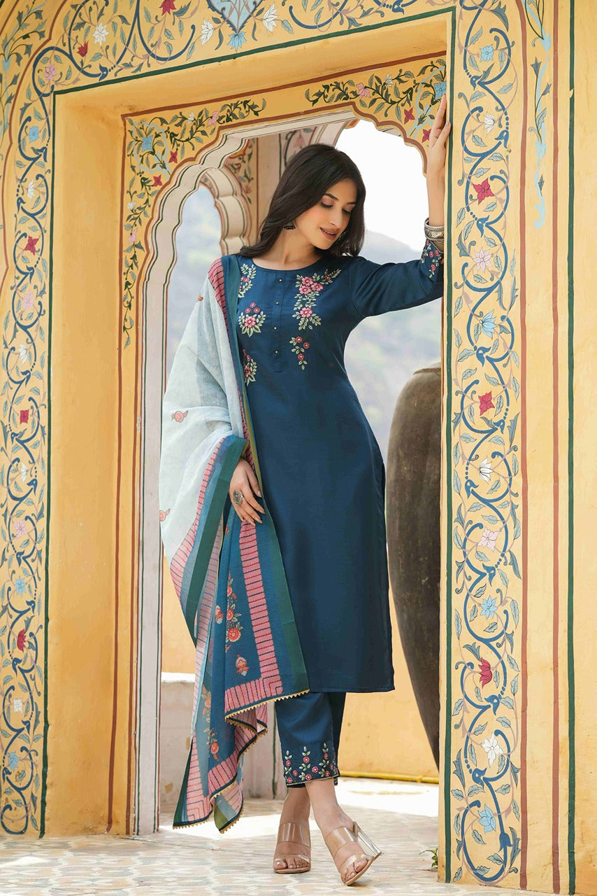 Teal  Satin Slub Straight Embroidered Kurta Sets