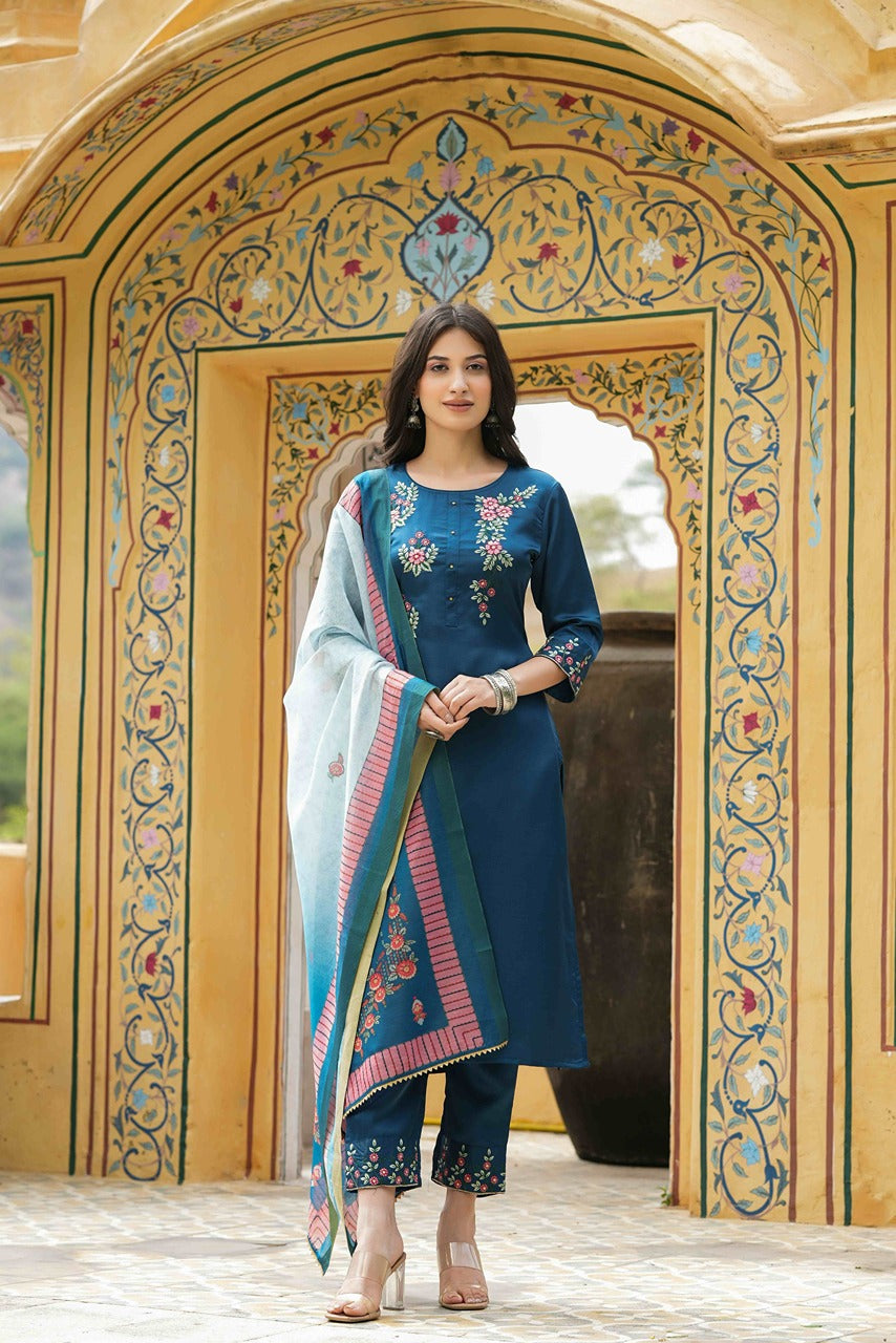 Teal  Satin Slub Straight Embroidered Kurta Sets