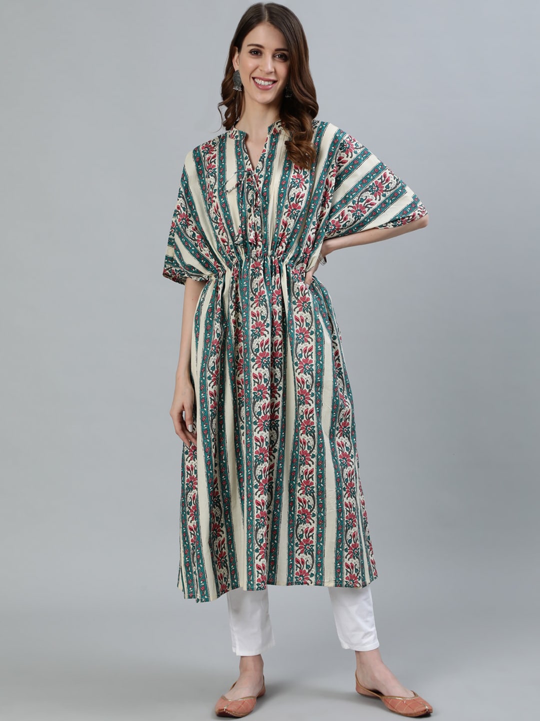 Women Green Printed Kaftan With Tie-Ups