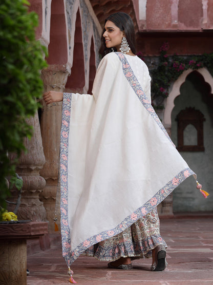 White Cotton Embroidered Straight Kurta Sharara Dupatta Set