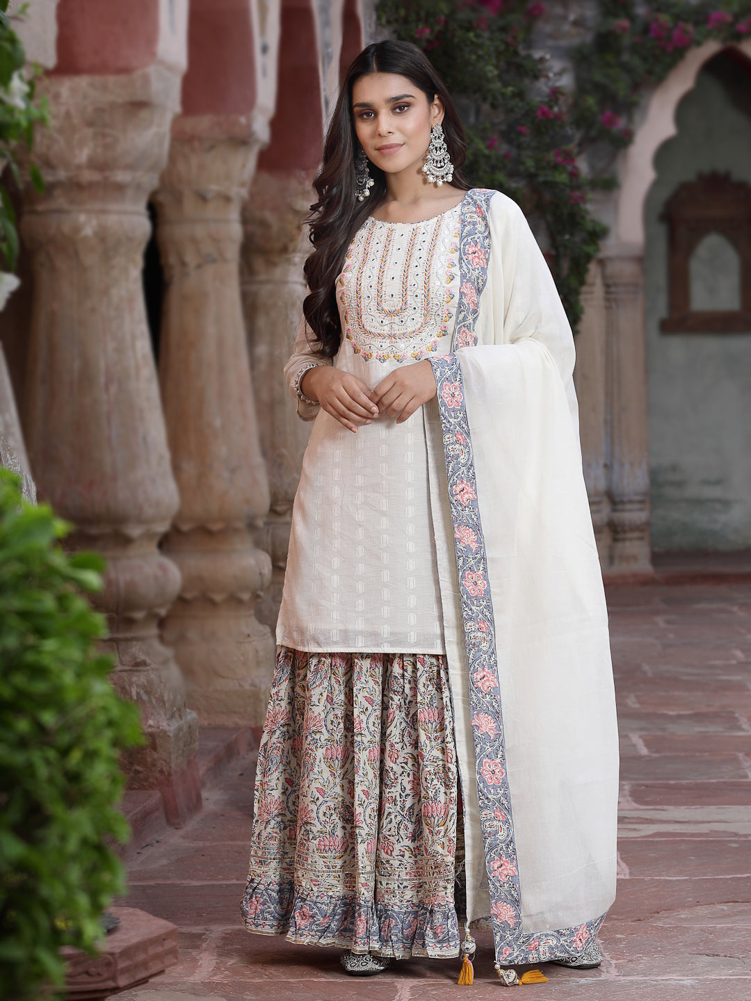 White Cotton Embroidered Straight Kurta Sharara Dupatta Set