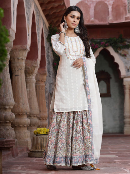 White Cotton Embroidered Straight Kurta Sharara Dupatta Set