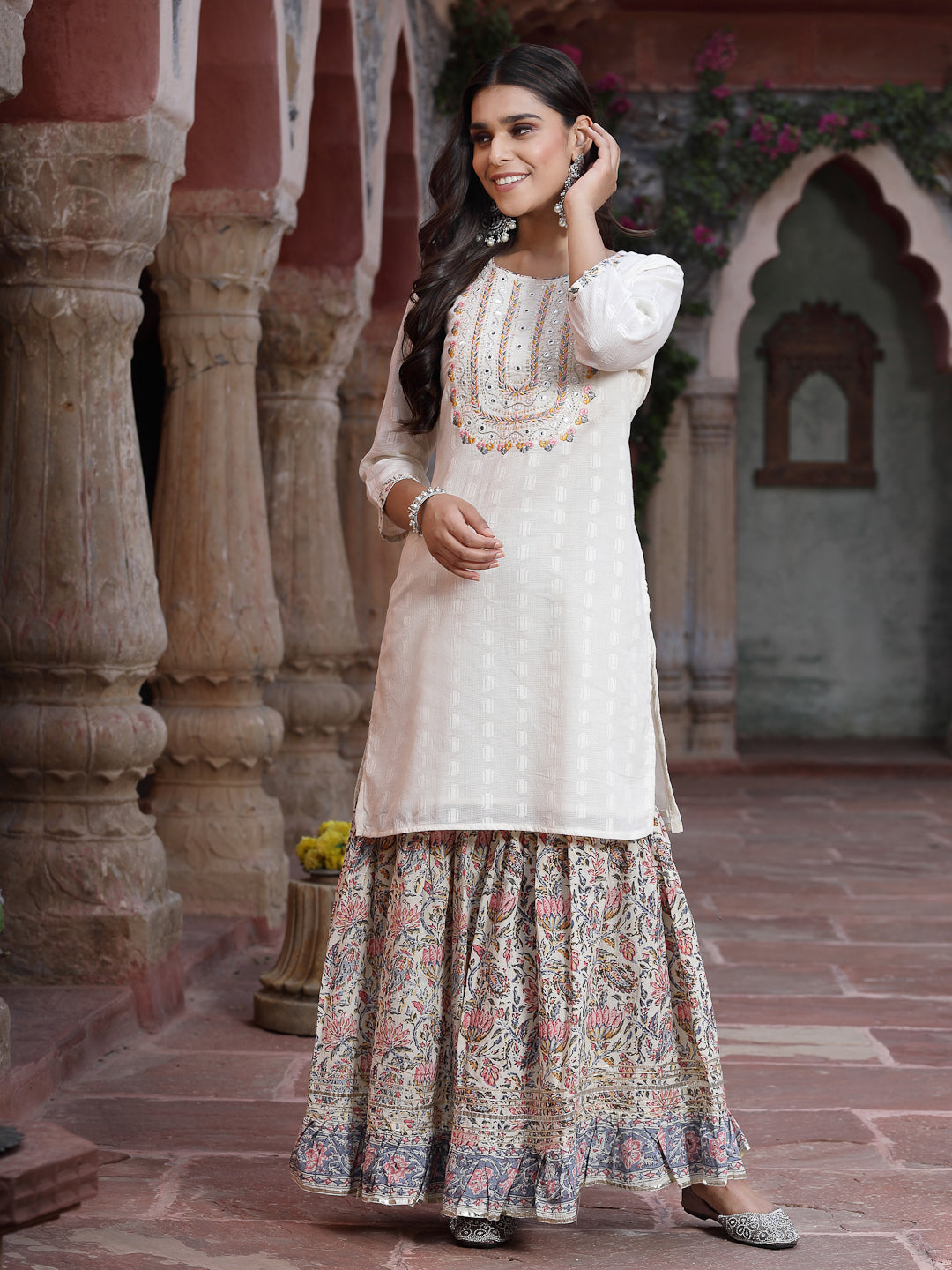 White Cotton Embroidered Straight Kurta Sharara Dupatta Set