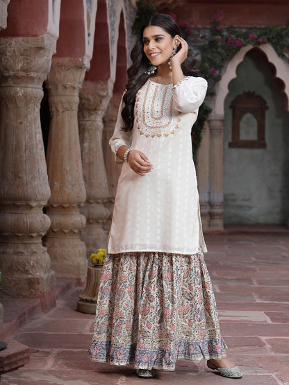 White Cotton Embroidered Straight Kurta Sharara Dupatta Set