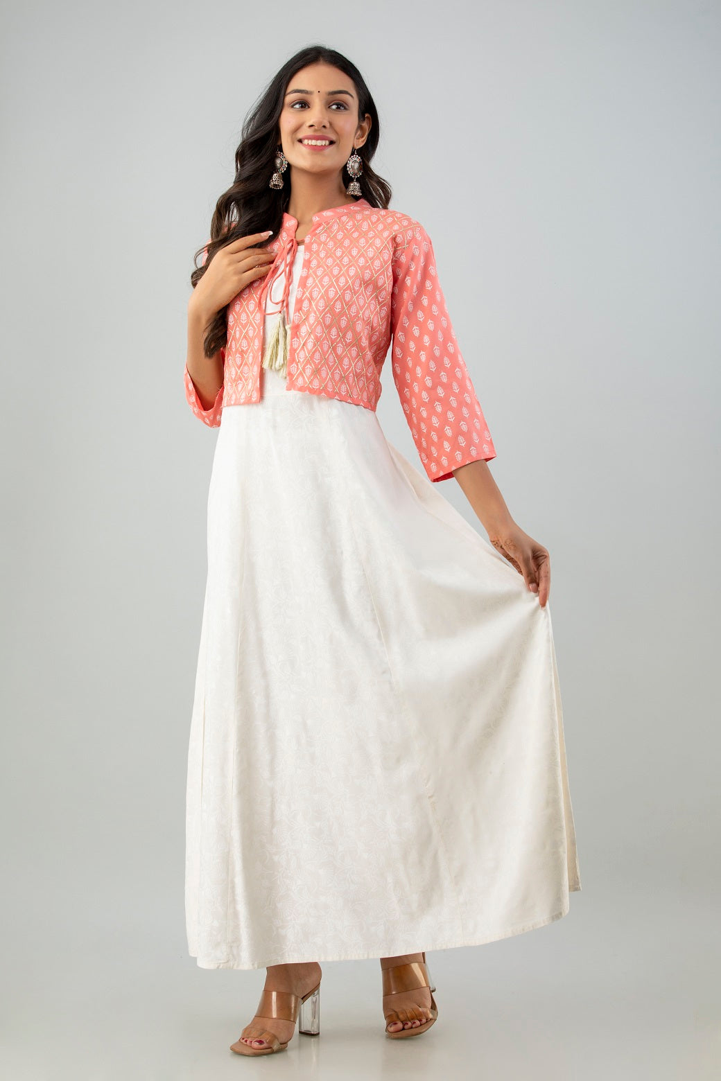 White Pink Rayon Printed Flared Dress