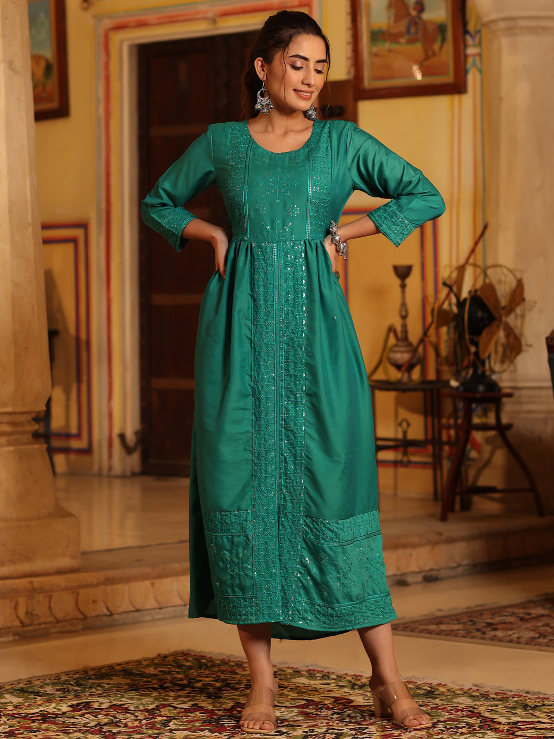 Teal Festive Embroidered Flared Dress